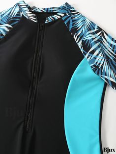 Bjux - Womens Short Sleeve Color Block Zipper One-Piece Swimsuit with Blue Leaf Print: High Stretch Sun Protective Rash Guard for Surfing and Water Sports - Versatile Swimwear & Clothing Blue Leaves, Swimwear Outfit, Leaf Print, Rash Guard, Water Sports, Leaf Prints, One Piece Swimsuit, Color Block, Knitted Fabric