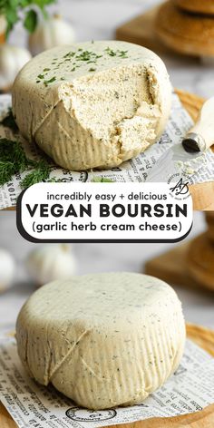 an image of vegan bourssin cheese on a cutting board with text overlay