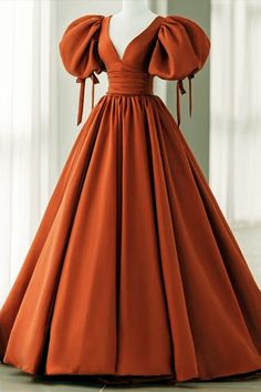 Burnt Orange Wedding Dress Satin Puffy Sleeves V Neck Ball Gown Floor Length Elegant Orange Gown For Formal Occasions, Elegant Orange Formal Gown, Fitted Orange Dress For Banquet, Elegant Orange Gown With Fitted Bodice, Orange Floor-length Evening Dress For Wedding, Elegant Fitted Orange Gown, Orange Wedding Dress With Fitted Bodice, Orange Maxi Length Wedding Dress, Orange Maxi Dress For Wedding