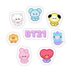 the bt 21 stickers are arranged in different shapes and sizes, including one with an animal