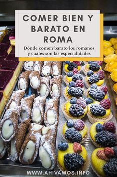 a display case filled with different types of pastries