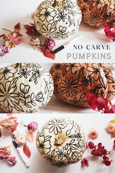 three different images of pumpkins with flowers on them and the words, no carve pumpkins