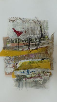 an abstract painting with birds and trees on it's sides, in white background