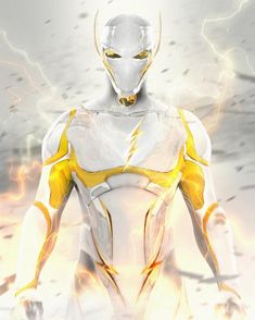 a white and yellow robot standing in the middle of a field with lightning behind it