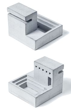 two different angles of a concrete box with one open and the other closed, on a white background