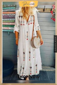 Floral Fringed Boho Summer Dress White Dresses Summer Long Sleeve Dress For A Date, Casual White Boho Maxi Dress, Embroidered Long Sleeve Maxi Dress For Vacation, White Bohemian Midi Dress, Embroidered Long Sleeve Midi Dress For Vacation, Embroidered Long Sleeve Beach Dress, Long Sleeve Embroidered Midi Dress For Beach, Boho Summer Dress, Summer Dress White