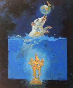 a painting of a rat floating on top of a gold statue in the water with a butterfly flying above it