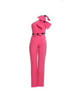 Indulge in timeless elegance with this bright pink jumpsuit, featuring a tailored silhouette complemented by charming bow accents and wide legs. A true embodiment of sophisticated style, this piece is your ultimate choice for both formal occasions and trendy outings. Embrace the fusion of classic and contemporary in one stunning ensemble. Elegant Pink Jumpsuits And Rompers For Summer, Elegant Pink Jumpsuit For Party, Glamorous Pink Jumpsuits And Rompers, Summer Evening Pink Jumpsuits And Rompers, Pink Summer Evening Jumpsuit, Pink Evening Jumpsuit For Summer, Pink Fitted Jumpsuit For Party, Chic Fitted Pink Jumpsuits And Rompers, Feminine Summer Evening Jumpsuits And Rompers