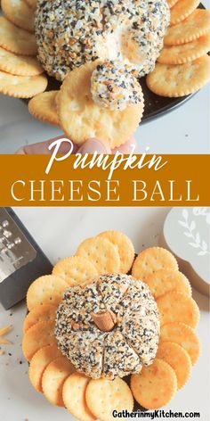 pumpkin cheese ball with sprinkles on top and crackers in the middle