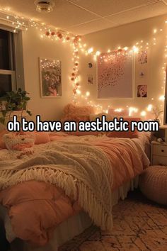 a bedroom with lights strung up on the wall and a bed in front of it