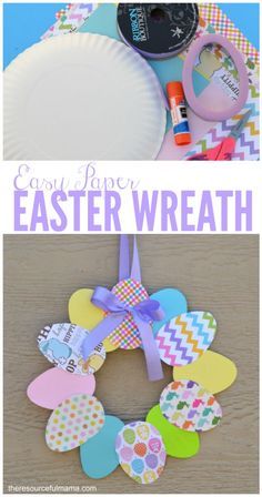 an easter wreath made out of paper plates and crafting supplies with text overlay