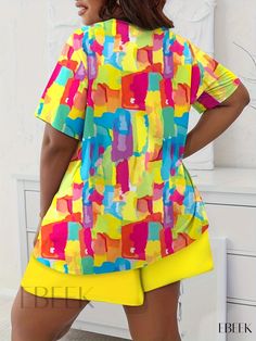 Ebeek - Womens Plus Size Lounge Set: Tie Dye Short Sleeve Tee & Shorts Pajama Two Piece Set - Casual Loungewear for Comfortable Chic Casual Yellow V-neck Set, Casual Multicolor Printed Sleepwear, Casual Multicolor Short Sleeve Sleepwear, Yellow Short Sleeve Sets For Vacation, Multicolor Short Sleeve Casual Sleepwear, Yellow Short Sleeve Vacation Sets, Multicolor Short Sleeve Sets For Loungewear, Multicolor Short Sleeve Sleepwear For Summer, Yellow Summer Sets For Pajama Party