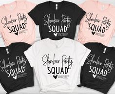 four t - shirts with the words super party squad printed on them in black, pink and white