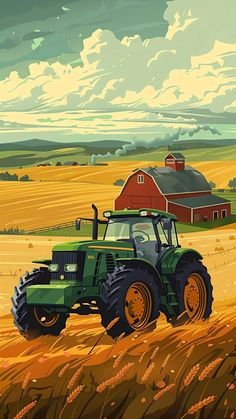 a painting of a tractor in a field