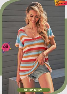 Multi-color Striped Ruffle Short Sleeve Knit Top Beach Striped Knit Sweater, Striped Knit Beach Sweater, Striped Summer Beach Sweater, Summer Striped V-neck Sweater, Striped V-neck Summer Sweater, Striped Beach Sweater For Summer, Casual Color Block Knit Top For Summer, Beach Knit Color Block Tops, Trendy Striped Summer Sweater