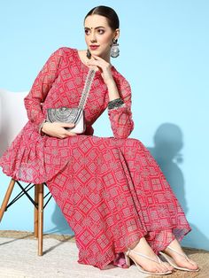 Women Bandhani Poly-Chiffon Print Parade Kurta Set - Inddus.com Designer Georgette Palazzo Set With Bandhani Print, Festive Anarkali Tunic Palazzo Set, Anarkali Style Palazzo Set For Navratri, Eid Bandhani Print Georgette Palazzo Set, Long Sleeve Bandhani Print Salwar Kameez, Long Sleeve Salwar Kameez With Bandhani Print, Transitional Long Sleeve Georgette Palazzo Set, Traditional Bandhani Print Georgette Palazzo Set, Designer Georgette Kurta With Printed Motifs