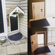 two pictures of dog houses with their doors open and one has a bowl on the door