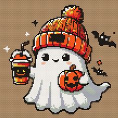 a cross stitch pattern with a white ghost holding a pumpkin and a cup of coffee