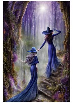 two women in blue dresses and hats walking through a forest with purple flowers on the ground