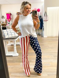 High waist American flag print flares American Flag Print, Stunning Outfits, Jean Outfits, Face And Body, American Flag, High Waist, Shop Now, How Are You Feeling, Flag