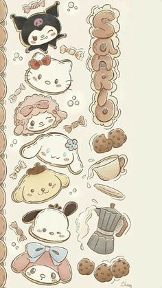 some stickers that are on the side of a sheet of paper with animals and food