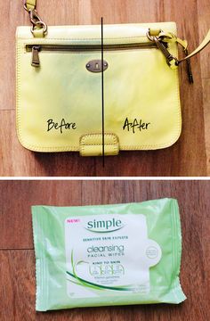 the before and after photos of cleaning wipes on a purse with an adhesivee