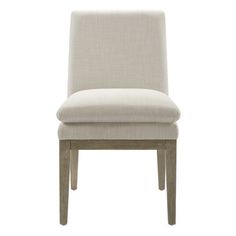 an upholstered dining chair with a beige fabric seat and backrest, viewed from the front