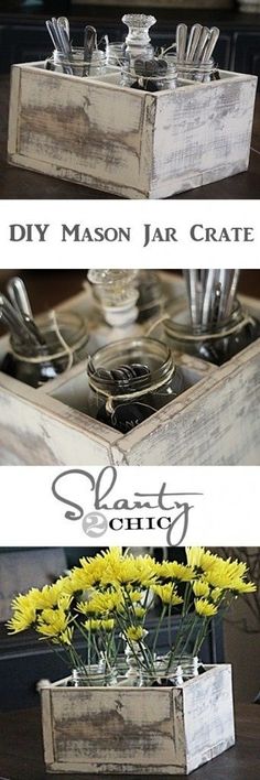 two wooden boxes with flowers in them and the words diy mason jar crate below