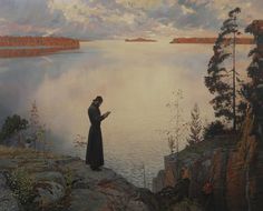 a painting of a woman standing on top of a cliff looking at her cell phone