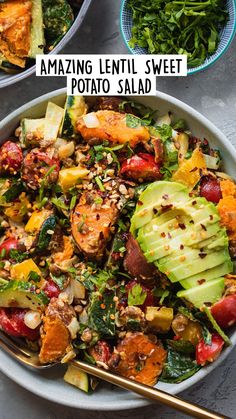 a bowl filled with salad and topped with avocado