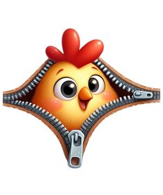 an image of a cartoon chicken with zippers on it's face and eyes