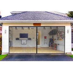 a garage with two bicycles mounted to the wall and an overhead bike rack on the door