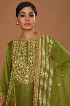 Olive green silk anarkali with gota, sequins and pearls hand embroidery. Comes with salwar and an organza dupatta. - Aza Fashions Silk Anarkali, Organza Dupatta, Fashion App, Green Silk, Set For Women, Anarkali, Aza Fashion, Three Quarter, Hand Embroidered