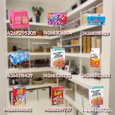 an advertisement for cereal is displayed on the shelf in front of shelves with different types of cereal