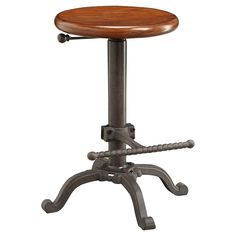 an adjustable stool with wooden seat and foot rest on cast iron base, viewed from the front