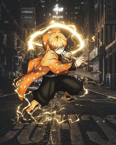 an anime character is jumping in the air with her arms spread out and lights shining behind her