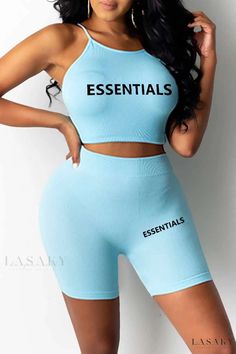 Lasaky - Chic Sleeveless Spaghetti Strap Two-Piece Set with Casual Print Letters Print Letters, Printed Letters, Two Piece Short Set, Sleeveless Suit, New Tops, Two Piece Sets, Two Piece Outfit, Two Pieces, Short Sets