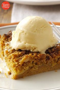 a piece of cake with ice cream on top and the words great pumpkin dessert above it