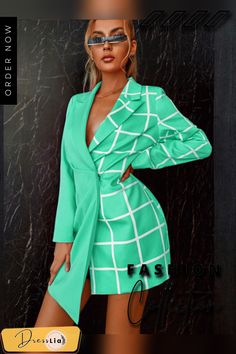 Peak Collar Plaid Blazer Dress Green Blazer Dress, Mint Blue Dress, Sleeveless Blazer Dress, Blue Blazer Dress, Blazer Verde, Black Blazer Dress, Hot Pink Blazers, Women Blazers, Sleeveless Blazer