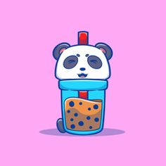 a cartoon panda bear sitting on top of a blue cup with food in it's mouth