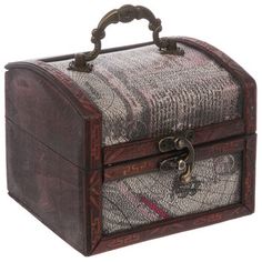 an old fashioned wooden box with fabric linings and metal latches on the lid