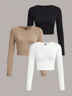 Multicolor Casual Collar   Plain  Embellished Slight Stretch  Women Clothing Shein Tops Shirts, Cute Winter Tops, Blusas Crop Top, Crop Top Shirt, Cropped Long Sleeve Top, Crop Top Shirts, Women T Shirts, Crew Neck Top