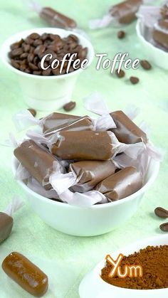 coffee toffes in small white bowls on a table