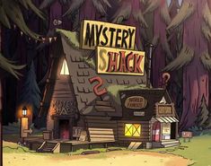 a house with a sign that says mystery shack on it's roof in front of some trees