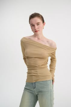 Convertible off-shoulder sweater – Ancosti Chic Asymmetrical Ruched Top, Asymmetrical Ruched Fitted Top, Fitted Asymmetrical Ruched Top, Ruched Fitted Asymmetrical Top, Chic Fitted One-shoulder Knit Top, Chic One-shoulder Fitted Knit Top, Chic One-shoulder Knit Top For Spring, Asymmetrical Knit Top For Fall, Fall Ruched Asymmetrical Top