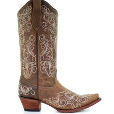 Almost New Corral Tan Scroll Embroidered Snip Toe Womens Western Boot-L5418 $139.00 The Circle G Women's Scrolling Embroidered Cowboy Boots Will Dress Up Your Country Casual Style. These Snip Toe Boots Are Made With Burnished Leather For An Antiqued Look. The Flattering Silhouette Of The Ladies Boots Features A Scalloped Collar, A Snip Toe Foot, And A Sassy Heel. Genuine Leather Scroll Pattern Embroidery Snip Toe 13" Shaft Height 2" Heel Height Cushioned Insole Leather Outsole Embroidered Cowboy Boots, Scalloped Collar, Country Casual, Ladies Boots, Scroll Pattern, Western Boots Women, Pattern Embroidery, Western Boot, Toe Boots