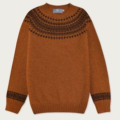 "T-Lab Archie Fair Isle style vintage orange lambswool jumper with a traditional deep coffee brown coloured neck and sleeve detail. An easy to wear mix of the modern and the traditional, Archie is a cool twist on a classic Scottish jumper. The warm, vintage orange supersoft lambswool yarn features a single colour yoke and sleeve detail. Our choice of colours brings a rich feel to a classic winter sweater. Finished with a crew neck with lightly ribbed neck, cuffs and hem. Our Archie sweaters are Luxury Classic Lambswool Sweater, Norther Lights Fairisle Knit, Textile Knowledge, Fair Isle Jumper, Coffee Brown Color, Fair Isle Pullover, Mens Pullover, Forward Thinking, Fair Isle Sweater