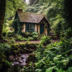 a small house in the woods surrounded by greenery and rocks with a stream running through it