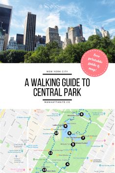 the walking guide to central park in new york city, with text overlaying it