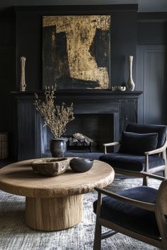 a living room filled with furniture and a painting on the wall above a fire place